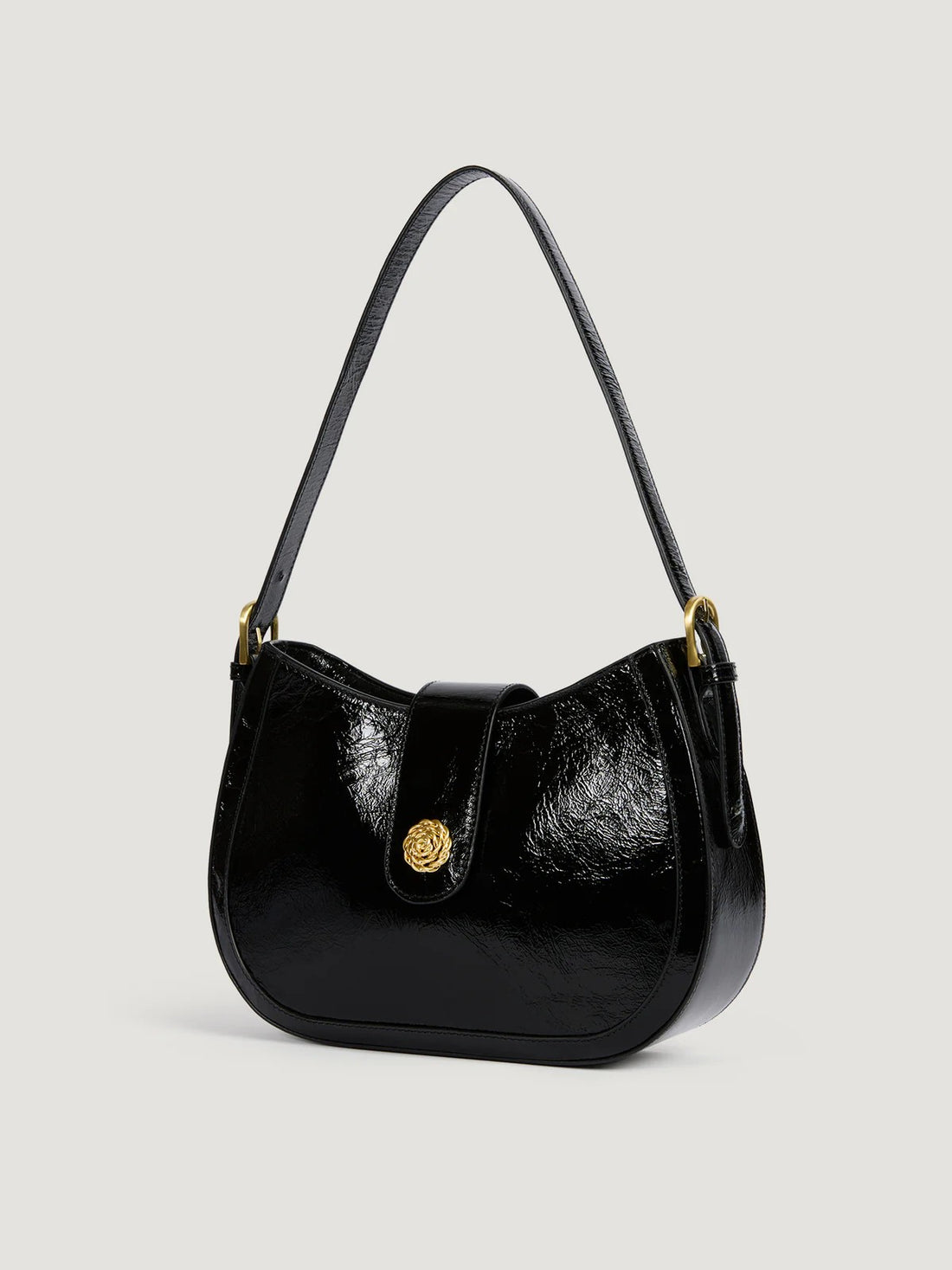 Glazed Glossy Leather Flap Saddle Shoulder Bag