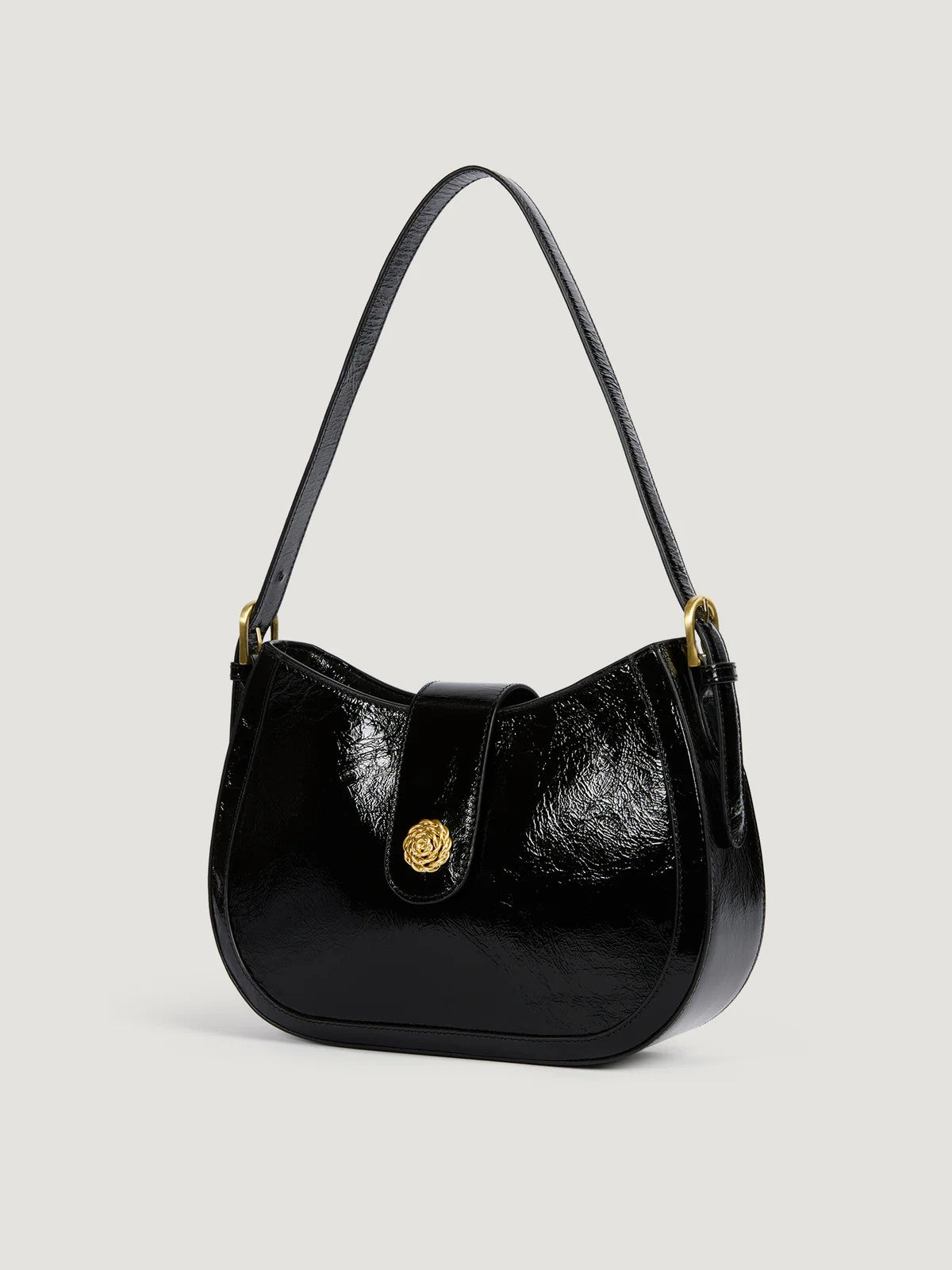 Glazed Glossy Leather Flap Saddle Shoulder Bag