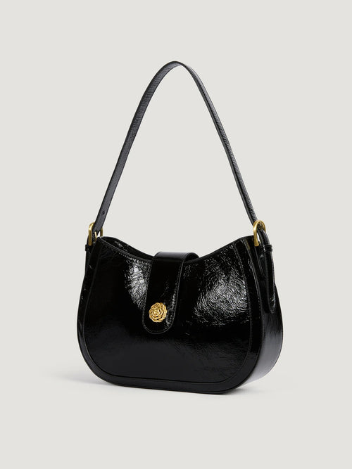 Glazed Glossy Leather Flap Saddle Shoulder Bag