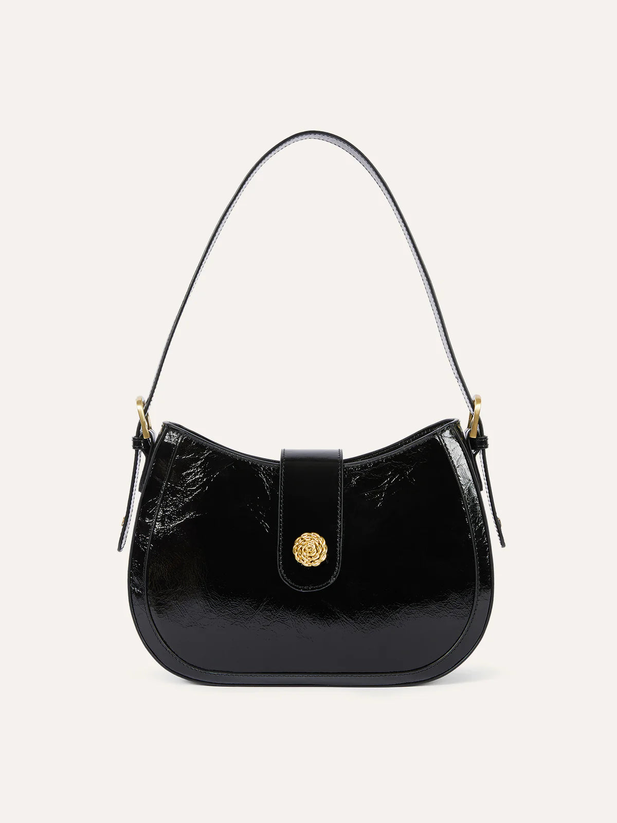 Glazed Glossy Leather Flap Saddle Shoulder Bag